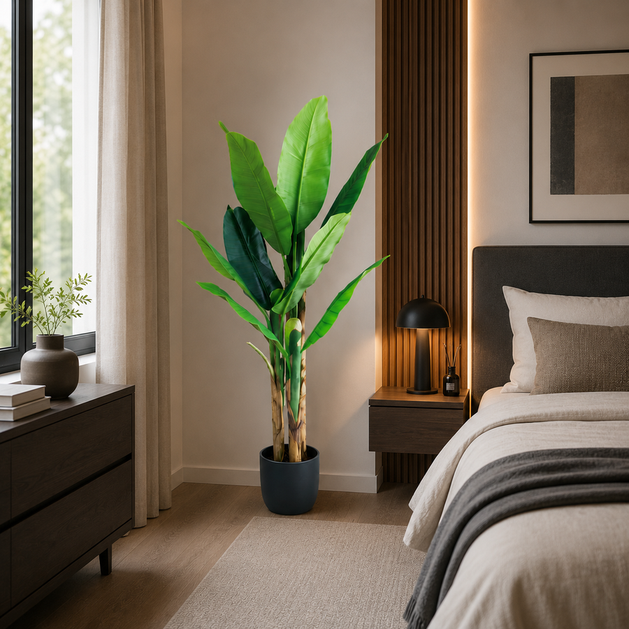 Planta Artificială Copac Tip Bananier, 140 cm, 3 tulpini, 11 frunze, Verde, cu Ghiveci