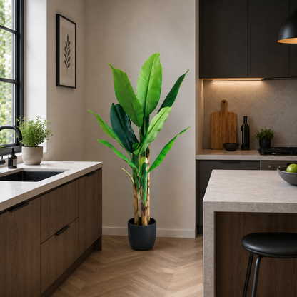 Planta Artificială Copac Tip Bananier, 140 cm, 3 tulpini, 11 frunze, Verde, cu Ghiveci