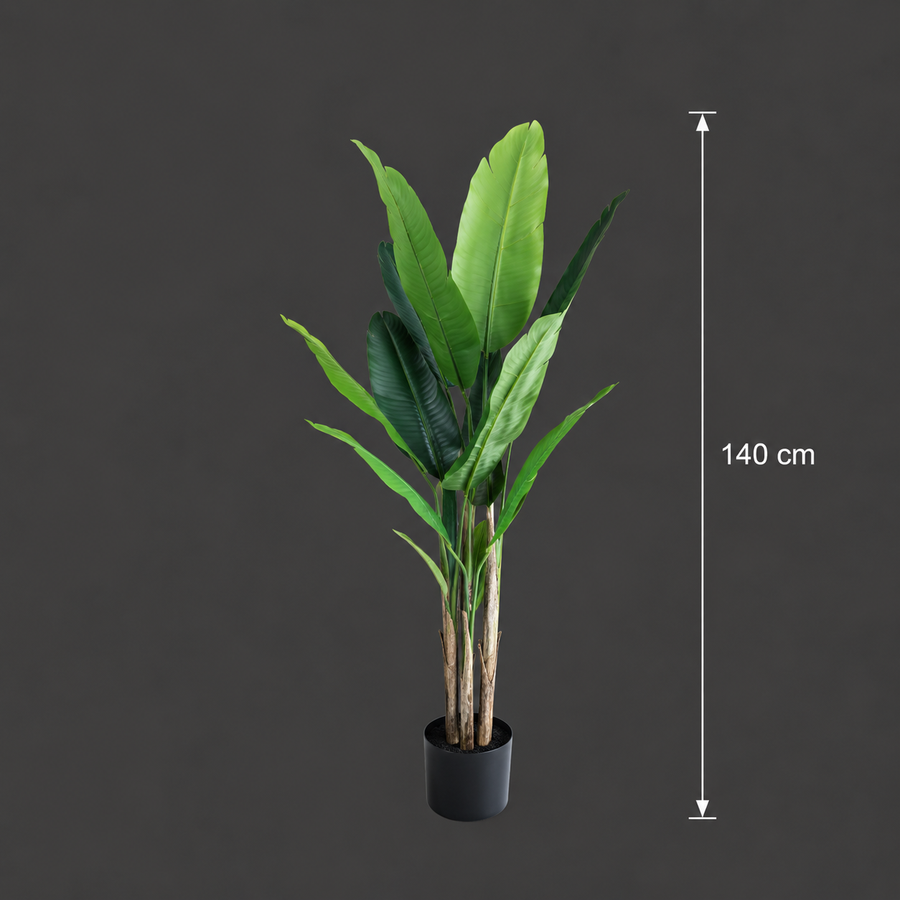 Planta Artificială Copac Tip Bananier, 140 cm, 3 tulpini, 11 frunze, Verde, cu Ghiveci