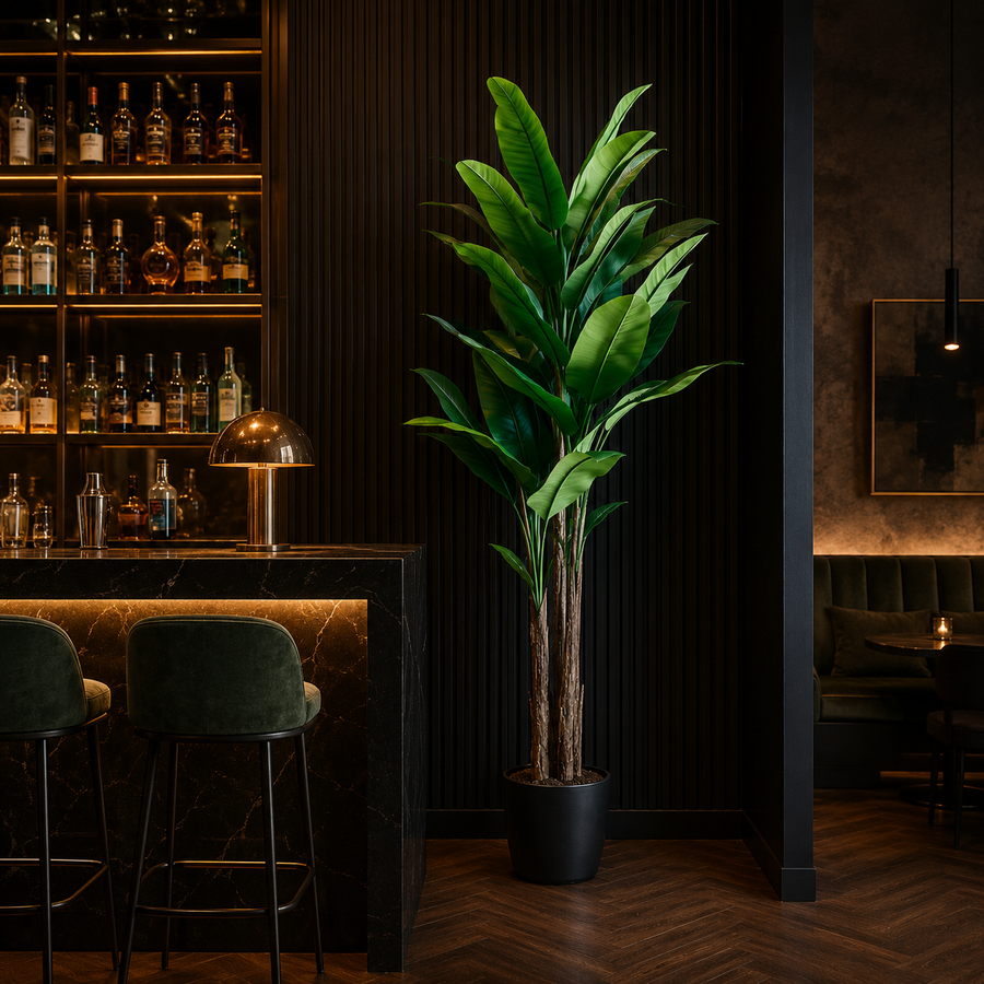 Planta Artificială Copac Tip Bananier, 190 cm, 3 tulpini, 27 frunze, Verde, cu Ghiveci