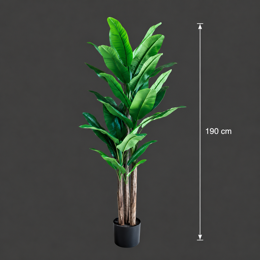 Planta Artificială Copac Tip Bananier, 190 cm, 3 tulpini, 27 frunze, Verde, cu Ghiveci