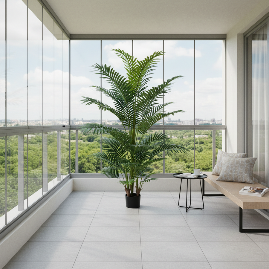 Planta Artificială Copac Tip Palmier Kentia, 3 tulpini, 30 frunze, 190 cm, Verde, cu Ghiveci