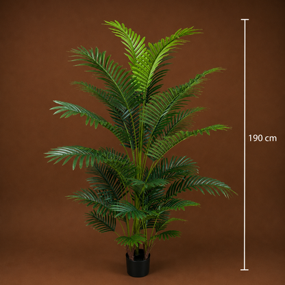 Planta Artificială Copac Tip Palmier Kentia, 3 tulpini, 30 frunze, 190 cm, Verde, cu Ghiveci