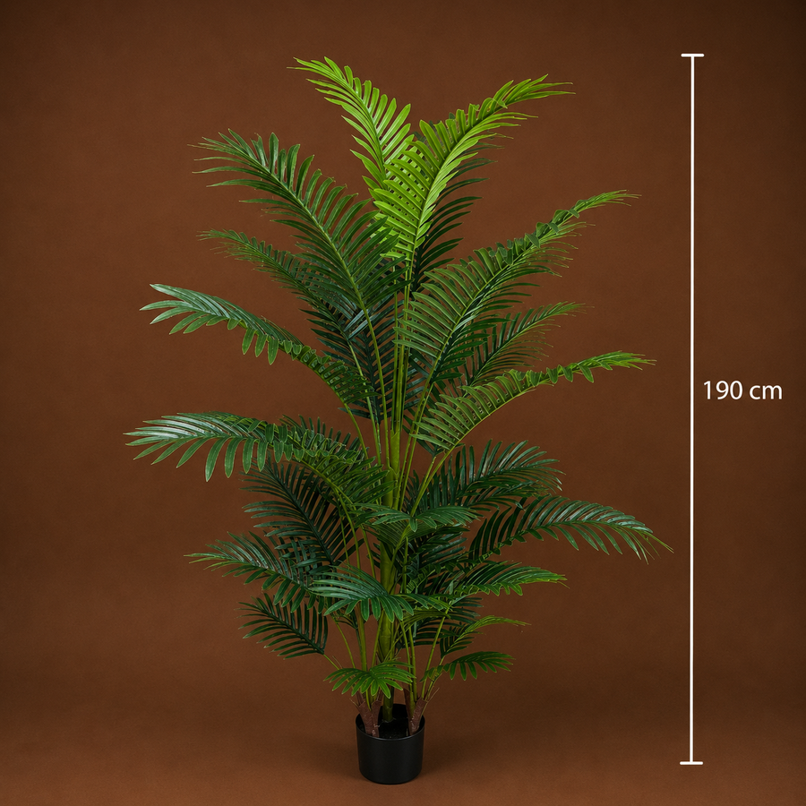 Planta Artificială Copac Tip Palmier Kentia, 3 tulpini, 30 frunze, 190 cm, Verde, cu Ghiveci