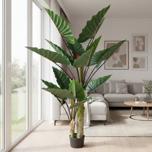 Plantă Artificială Tip Alocasia Cu Frunze Late, 2 trunchiuri, 190 cm, Verde