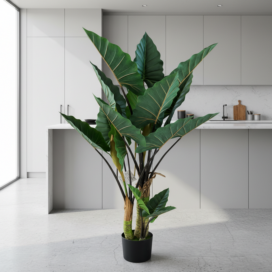 Plantă Artificială Tip Alocasia Cu Frunze Late, 3 trunchiuri, Plastic, 160 cm, Verde