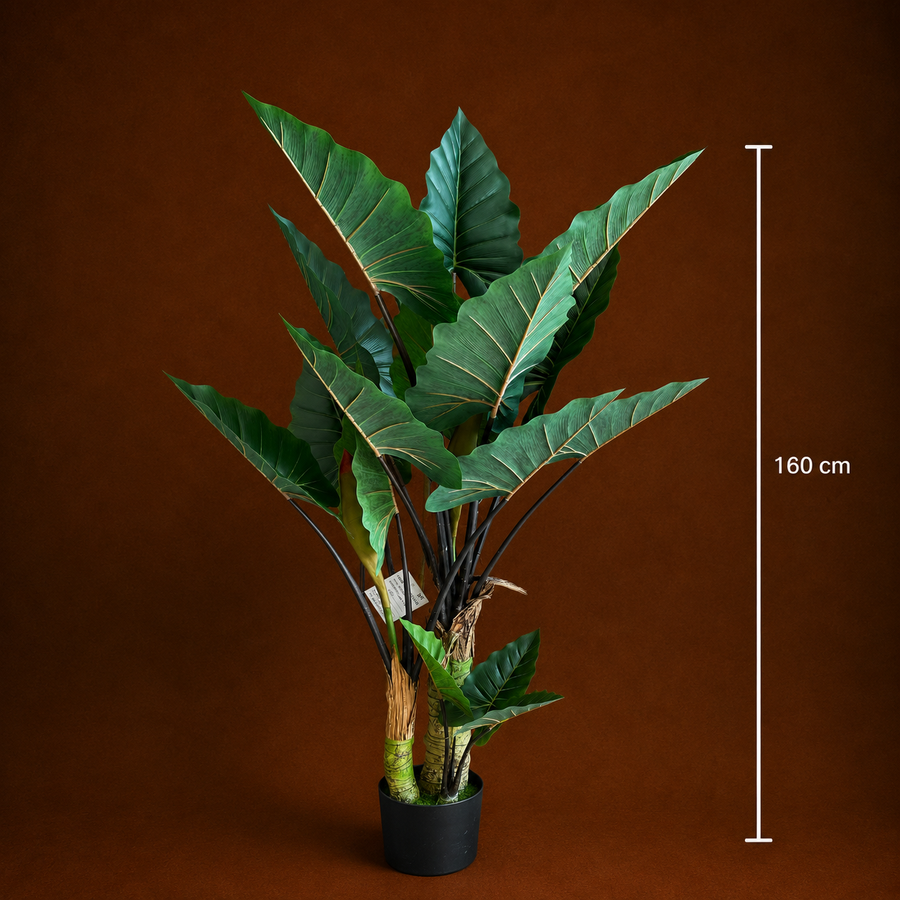 Plantă Artificială Tip Alocasia Cu Frunze Late, 3 trunchiuri, Plastic, 160 cm, Verde