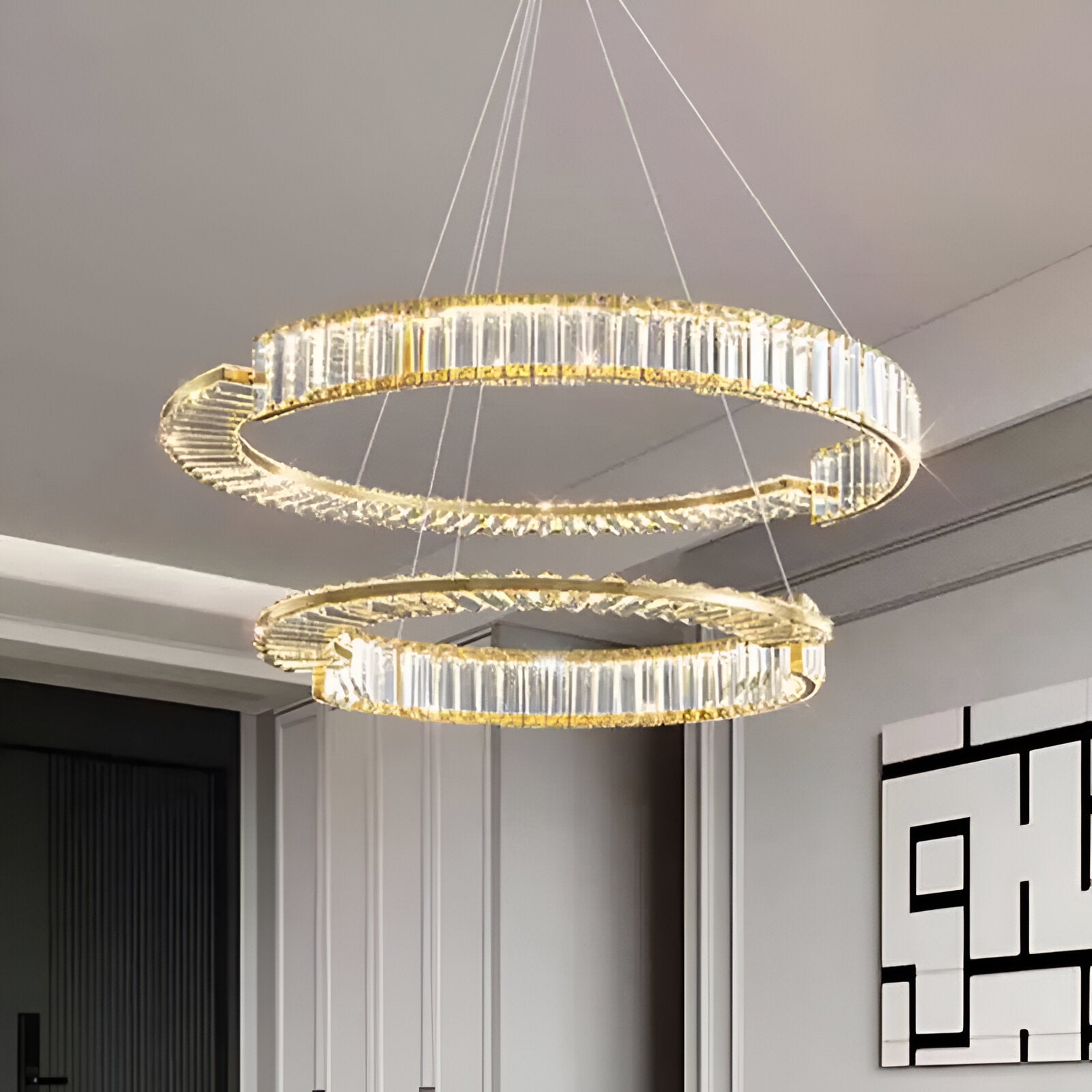 Függesztett LED kristálycsillár PRISM REGAL 117W, 2 kör, hideg/meleg/semleges fény, szabályozható, aranyszínű, állítható magasságú kristály LED csillárok alapértelmezett cím Alessandro Design