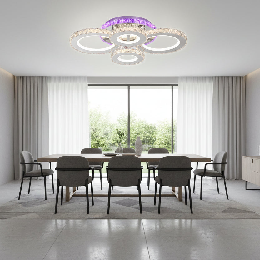 LED csillár távirányítóval és kristály NOVA ROTONDA RGB 82W, 4 kör, hideg/meleg/semleges fény, szabályozható, króm LED csillárok és kristályok Alapértelmezett cím Alessandro Design