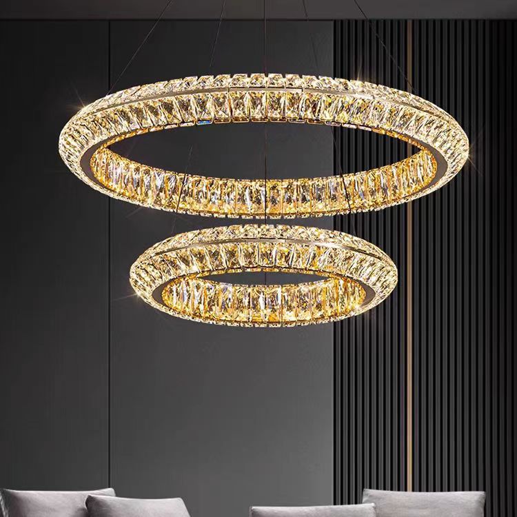 Lustra LED cu Telecomanda, LLC132/300GD, Cristal si Metal, 37W, 2 Cerc, Dimabila, 3000K/4000K/6000K, Iluminat Luxos Lustre LED cu Telecomanda Default Title Alessandro Design