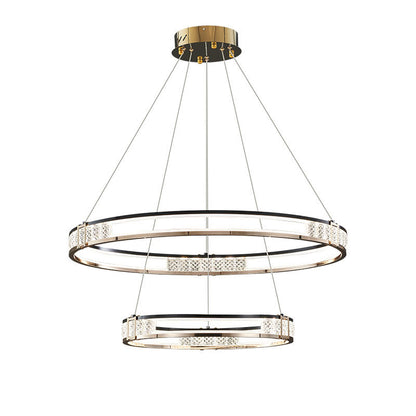 Függesztett LED-es csillár távirányítóval és kristály ROGER 100W, 2 kör, hideg/meleg/semleges fény, szabályozható, fényes arany, állítható magasságú kristály LED csillárok Alapértelmezett cím Alessandro Design