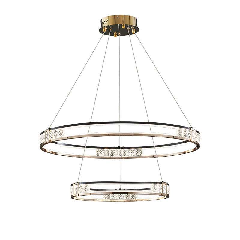 Függesztett LED-es csillár távirányítóval és kristály ROGER 100W, 2 kör, hideg/meleg/semleges fény, szabályozható, fényes arany, állítható magasságú kristály LED csillárok Alapértelmezett cím Alessandro Design