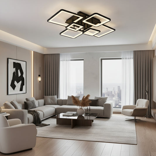 LED csillár távirányítóval ELLA 120W, 6 négyzet, hideg/meleg/semleges fény, szabályozható, fekete, fém és akril LED csillárok távirányítóval Alapértelmezett cím Alessandro Design