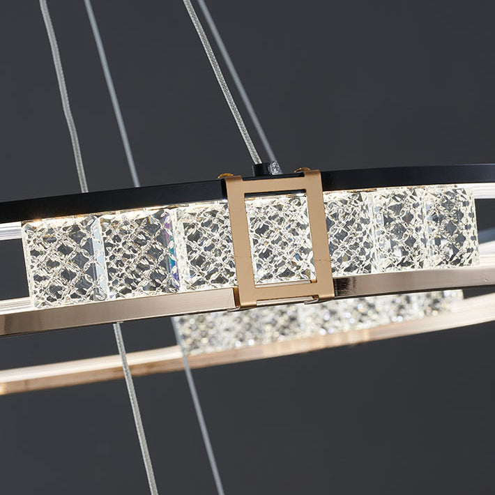 Függesztett LED-es csillár távirányítóval és kristály ROGER 100W, 2 kör, hideg/meleg/semleges fény, szabályozható, fényes arany, állítható magasságú kristály LED csillárok Alapértelmezett cím Alessandro Design