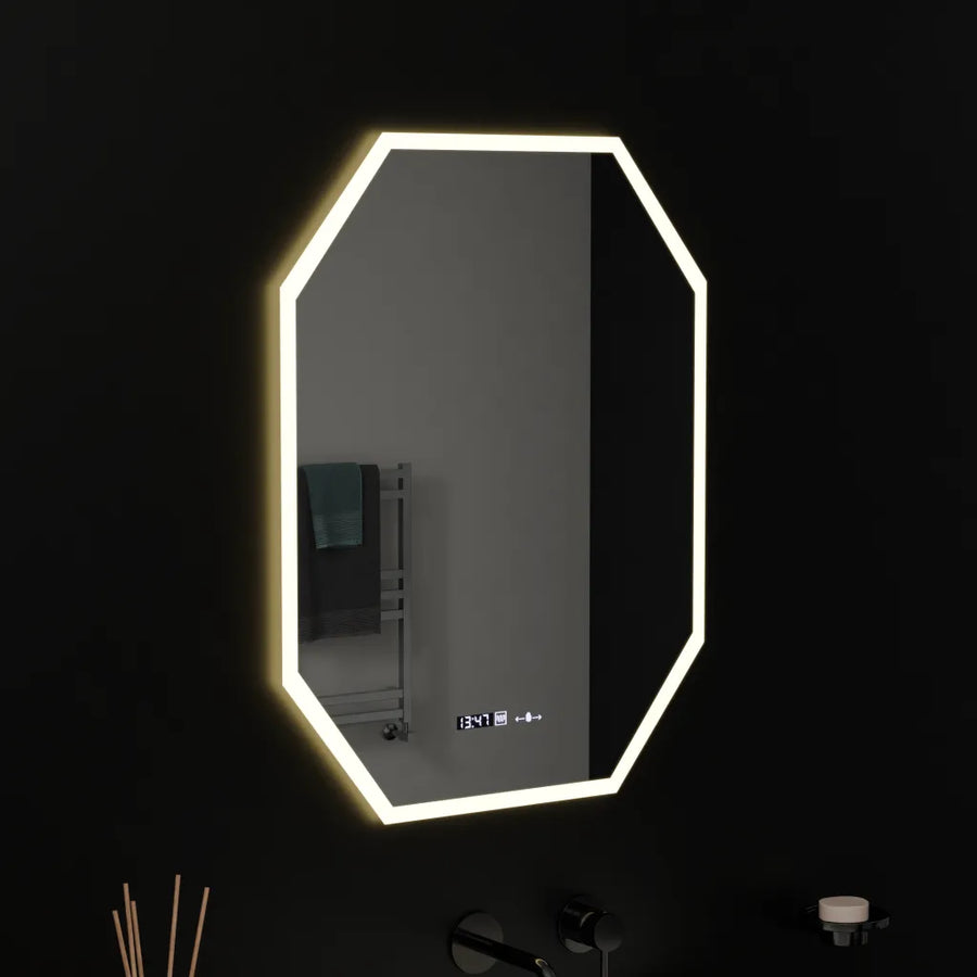 Sokszögű LED tükör, 60x80 cm, Hexaluce Marcello MotionGlow érzékelő, páramentesítő rendszer, óra és hőmérő, Dimabila Marcello tükrök alapértelmezett cím Alessandro Design