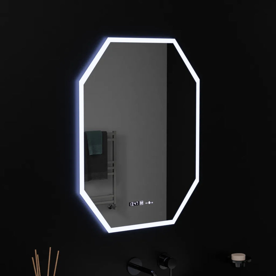 Sokszögű LED tükör, 60x80 cm, Hexaluce Marcello MotionGlow érzékelő, páramentesítő rendszer, óra és hőmérő, Dimabila Marcello tükrök alapértelmezett cím Alessandro Design