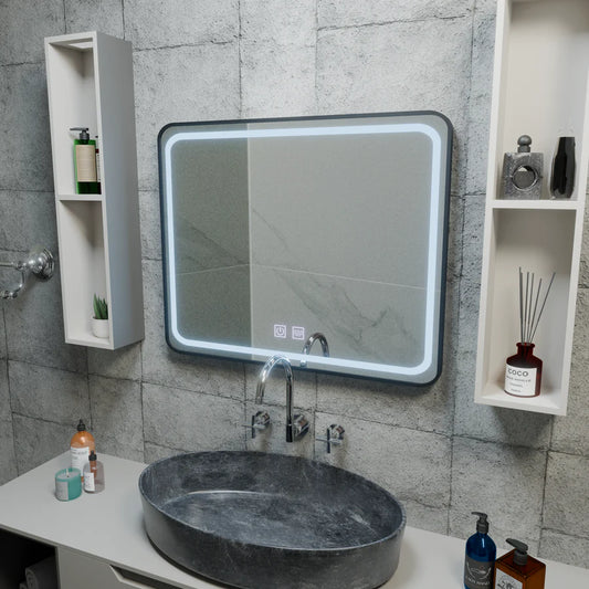 Négyszögletű LED-es tükör 90x75cm EDGE Touch páramentesítő rendszer, fekete keretű tükrök Korman E alapértelmezett cím Alessandro Design