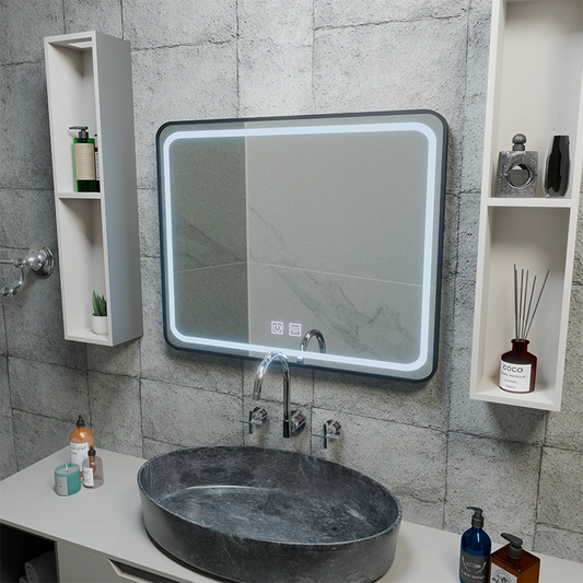 Négyszögletű LED tükör 80x60cm - EDGE Touch páramentesítő rendszer, fekete keret