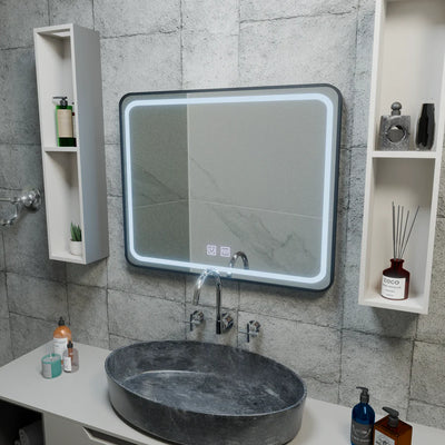Négyszögletű LED tükör 90x75cm EDGE Touch páramentesítő rendszer, fekete keret