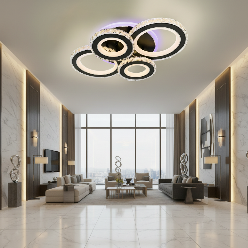 LED csillár távirányítóval és kristály NOVA ROTONDA RGB 82W, 4 kör, hideg/meleg/semleges fény, szabályozható, fekete LED csillárok távirányítóval Alapértelmezett cím Alessandro Design