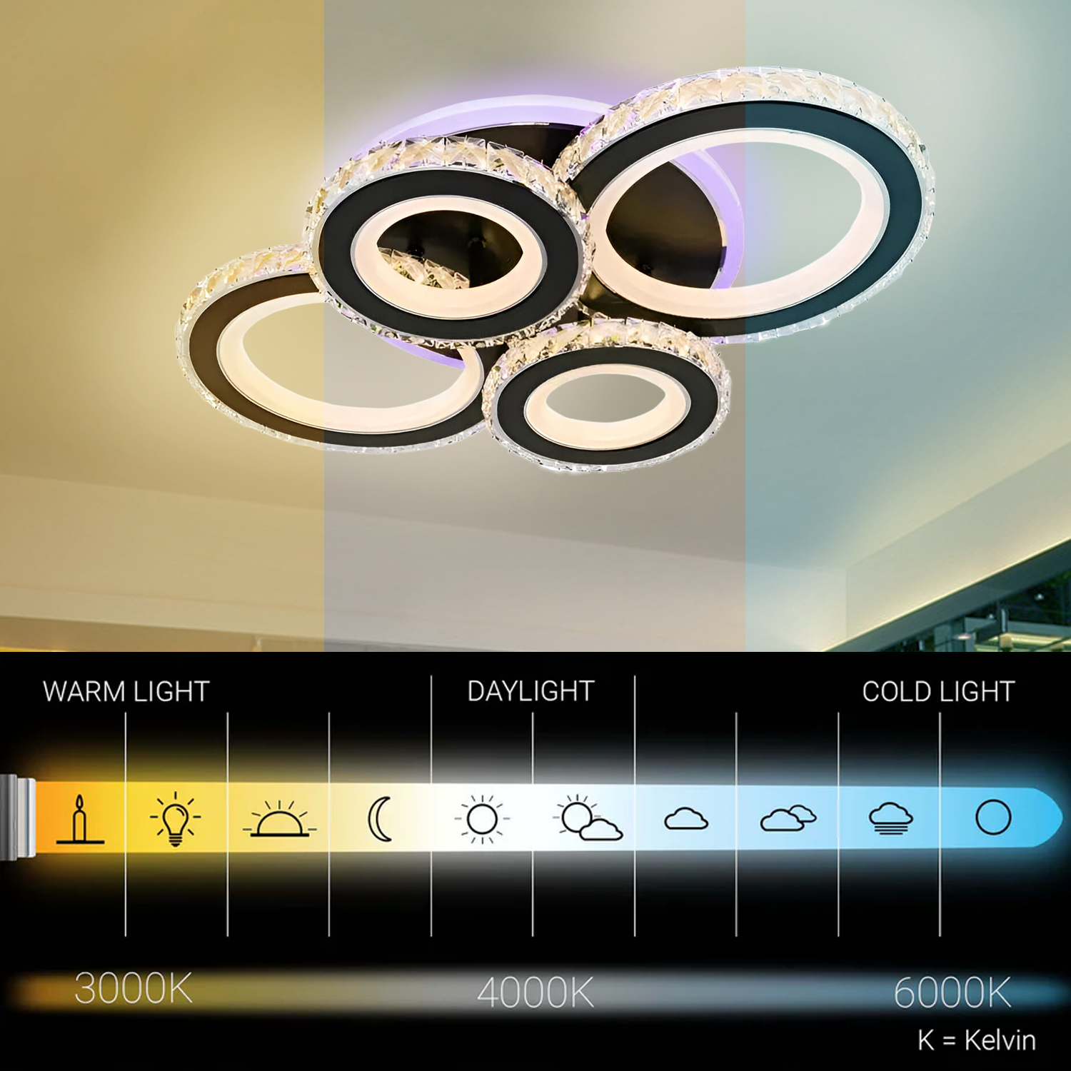 LED csillár távirányítóval és kristály NOVA ROTONDA RGB 82W, 4 kör, hideg/meleg/semleges fény, szabályozható, fekete LED csillárok távirányítóval Alapértelmezett cím Alessandro Design
