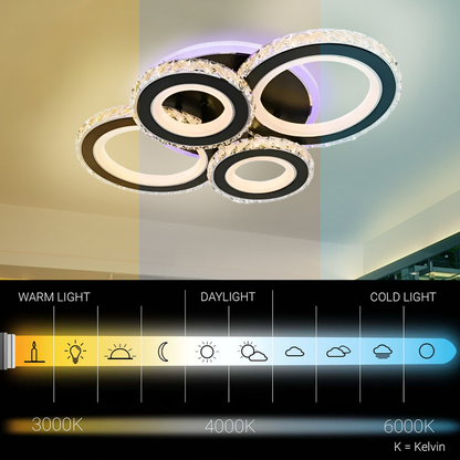 LED csillár távirányítóval és kristály NOVA ROTONDA RGB 82W, 4 kör, hideg/meleg/semleges fény, szabályozható, fekete LED csillárok távirányítóval Alapértelmezett cím Alessandro Design