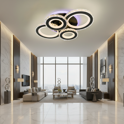 LED csillár távirányítóval és kristály NOVA ROTONDA RGB 82W, 4 kör, hideg/meleg/semleges fény, szabályozható, fekete