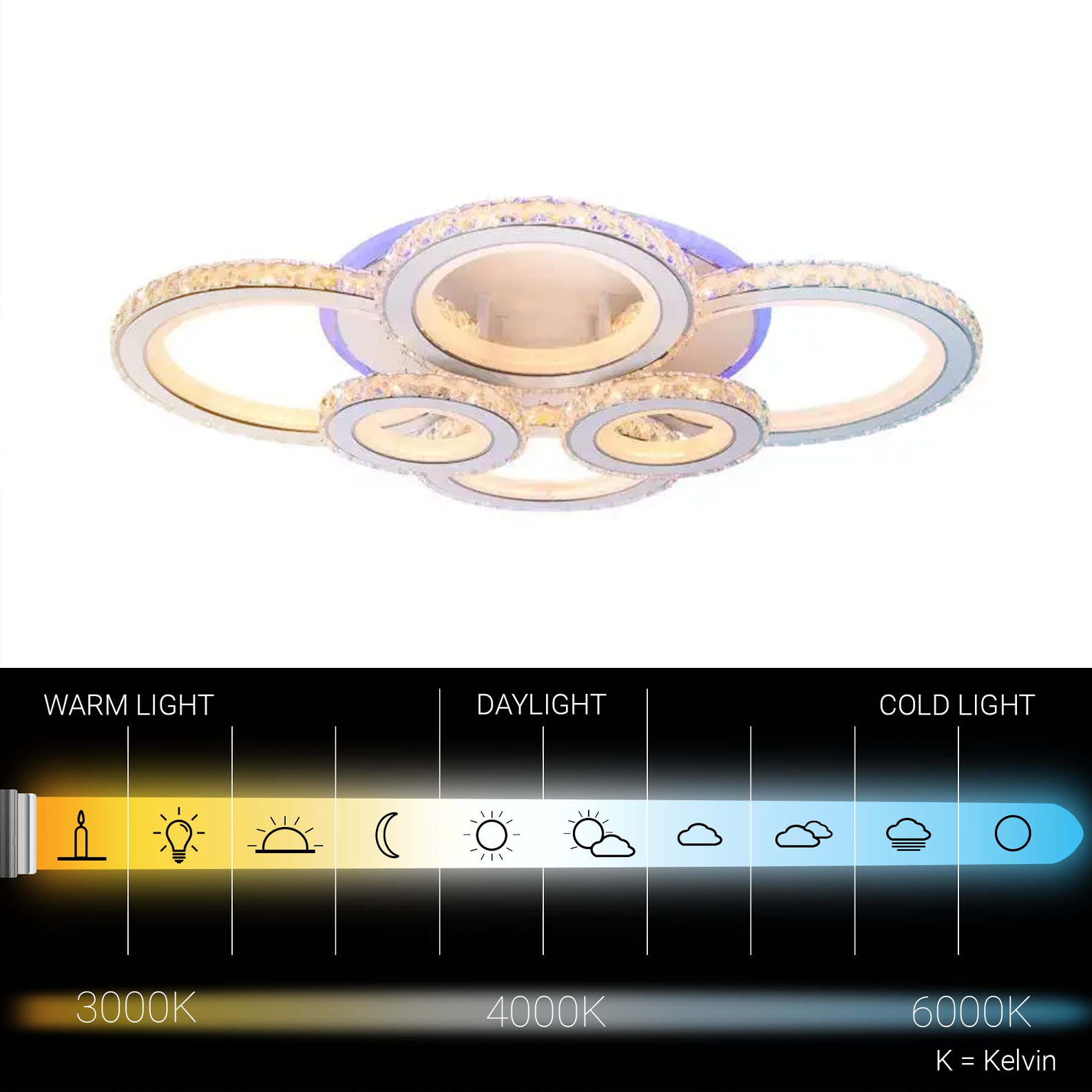 LED csillár távirányítóval és kristály NOVA ROTONDA RGB 145W, 6 kör, hideg/meleg/semleges fény, szabályozható, fehér kristály LED csillárok Alapértelmezett cím Alessandro Design