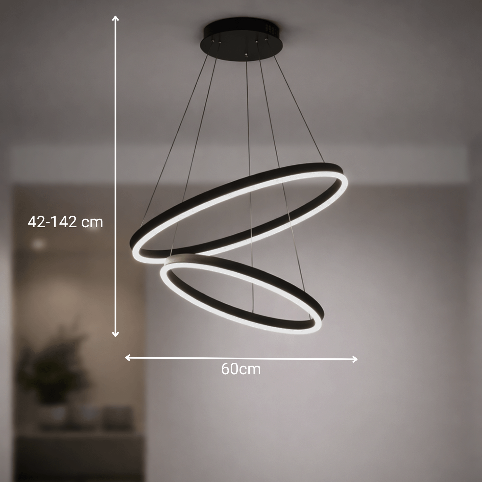 Függesztett LED-csillár távirányítóval CASIANA 40W, 2 kör, hideg/meleg/semleges fény 3000K/4000K/6000K, szabályozható, fekete, állítható magasságú, fém és akril LED-csillárok távirányítóval Alapértelmezett cím Alessandro Design