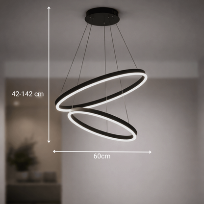 Függesztett LED-csillár távirányítóval CASIANA 40W, 2 kör, hideg/meleg/semleges fény 3000K/4000K/6000K, szabályozható, fekete, állítható magasságú, fém és akril LED-csillárok távirányítóval Alapértelmezett cím Alessandro Design