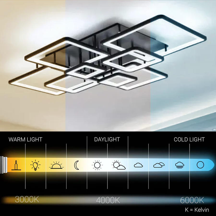 LED csillár távirányítóval ELLA 186W, 8 négyzet, hideg/meleg/semleges fény, szabályozható, fekete LED csillárok távirányítóval Alapértelmezett cím Alessandro Design