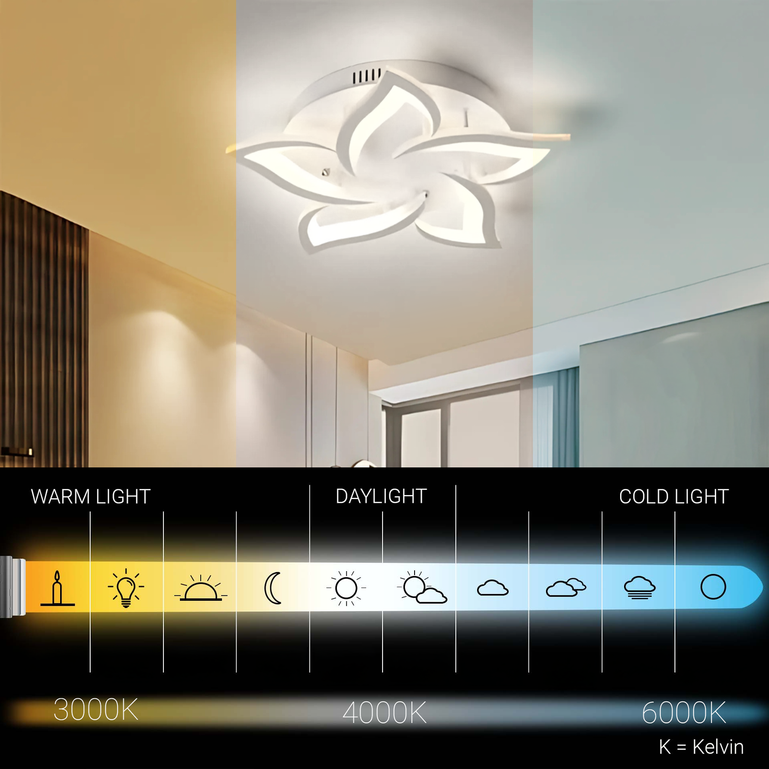 LED-es csillár távirányítóval LOTUS 54W, 5 szirom, hideg/meleg/semleges fény, szabályozható, fehér LED-es csillár távirányítóval Alapértelmezett cím Alessandro Design