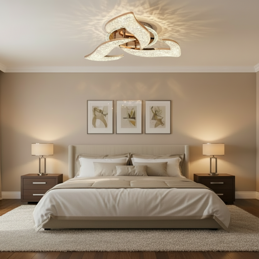 Lustra LED HALESA Eleganza cu telecomanda si cristal, 44W, 3 Surse, Lumina Rece/Calda/Neutra, Dimabila, Auriu