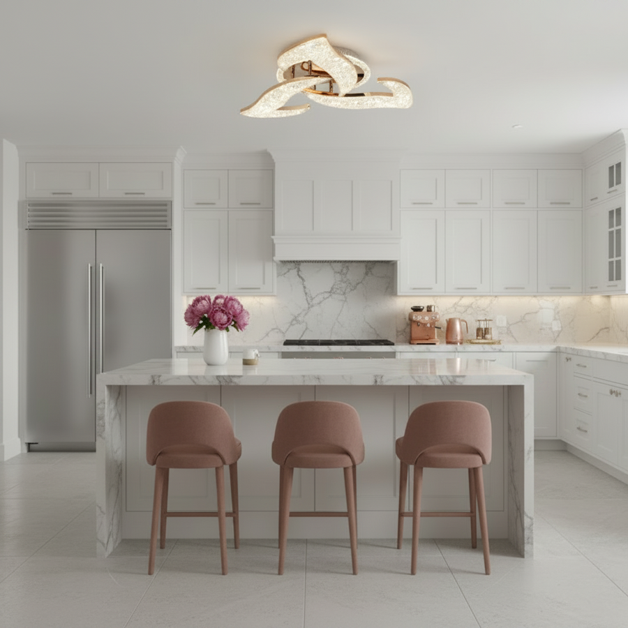 Lustra LED HALESA Eleganza cu telecomanda si cristal, 44W, 3 Surse, Lumina Rece/Calda/Neutra, Dimabila, Auriu