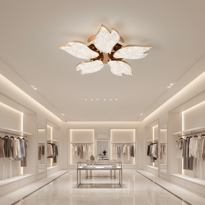 Lustra LED BLUME Magno cu telecomanda si cristal, 79W, 5 Surse, Lumina Rece/Calda/Neutra, Dimabila, Auriu