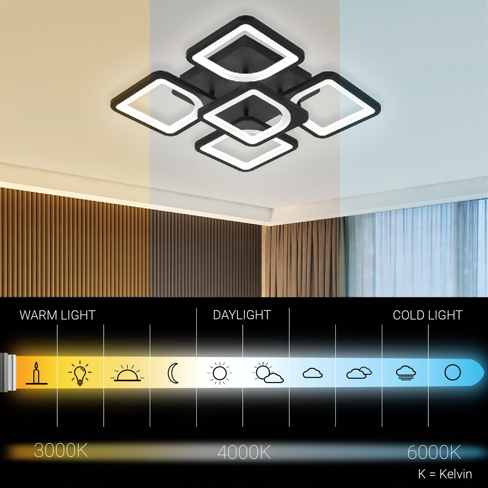 LED-es csillár távirányítóval ZOE 65W, 5 négyzet, hideg/meleg/semleges fény, szabályozható, fekete LED-es csillárok távirányítóval Alapértelmezett cím Alessandro Design