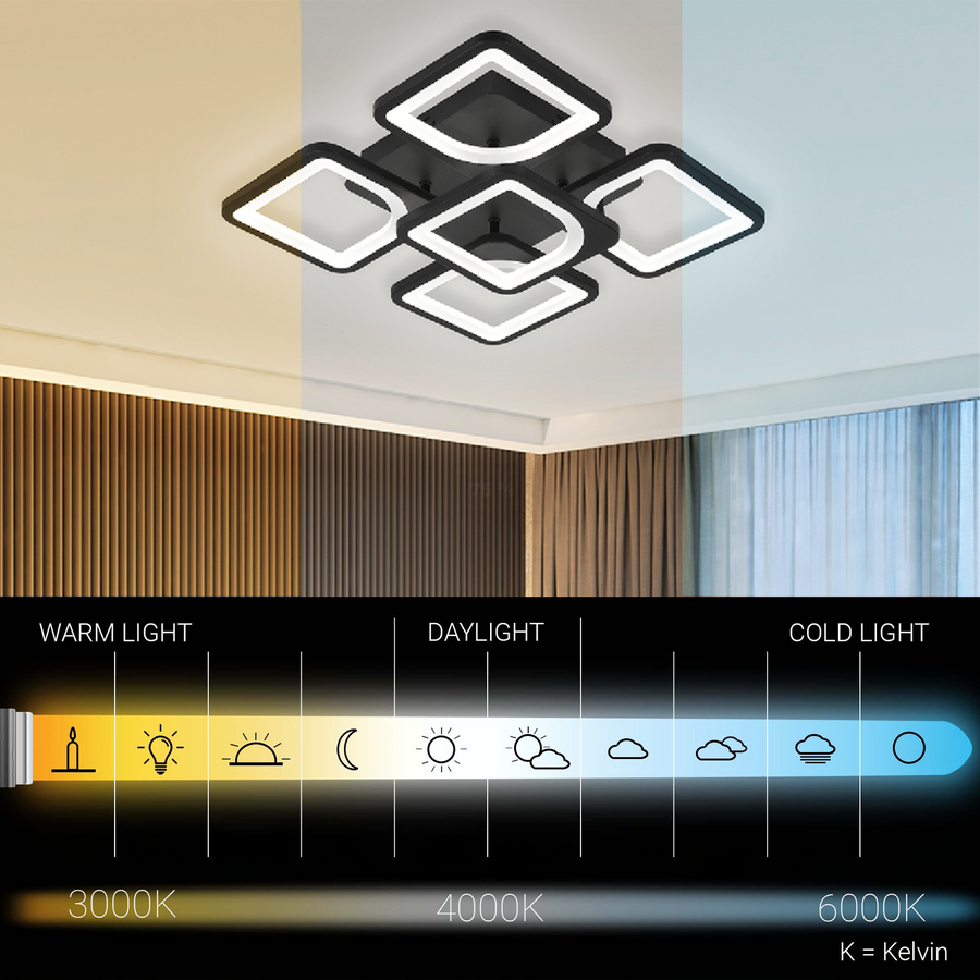 LED-es csillár távirányítóval ZOE 65W, 5 négyzet, hideg/meleg/semleges fény, szabályozható, fekete LED-es csillárok távirányítóval Alapértelmezett cím Alessandro Design