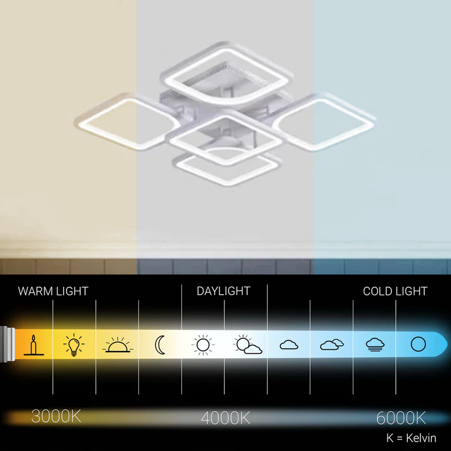 LED-csillár távirányítóval ZOE 70W, 5 négyzet, hideg/meleg/semleges fény, szabályozható, fehér LED-es csillár távirányítóval Alapértelmezett cím Alessandro Design