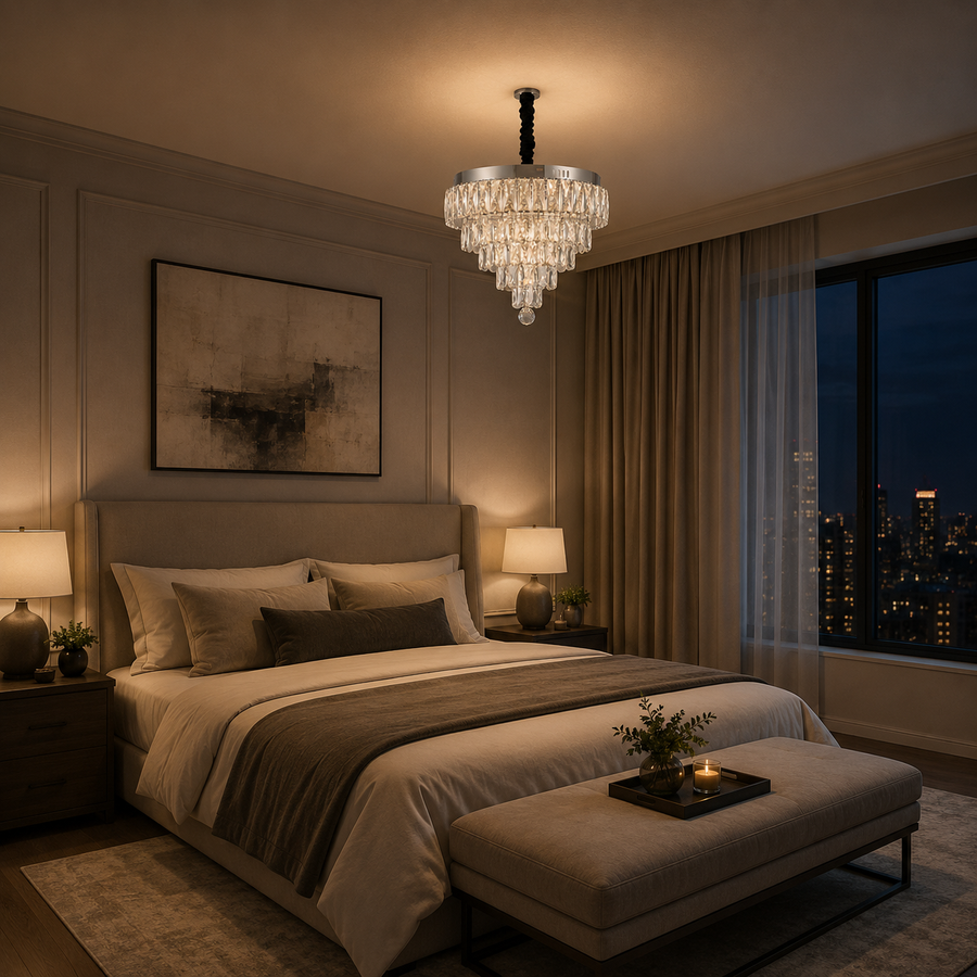 Lustra LED Cristal cu telecomanda RIGO Eleganza Diametru 48cm, Crom Lucios, Inaltime Reglabila, Metal si Cristal