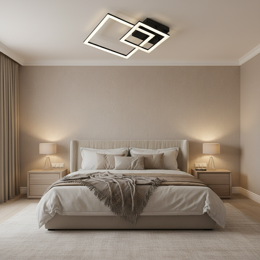 Lustra LED cu telecomanda BANDO 39W, 2 Patrate, Lumina Rece/Calda/Neutra, Dimabila, Negru, Metal si Acril