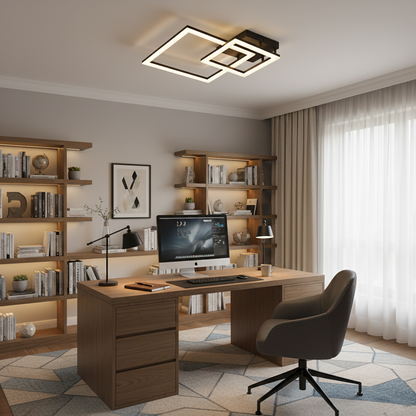 Lustra LED cu telecomanda BANDO 39W, 2 Patrate, Lumina Rece/Calda/Neutra, Dimabila, Negru, Metal si Acril