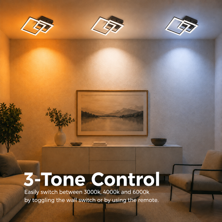 Lustra LED cu telecomanda BANDO 39W, 2 Patrate, Lumina Rece/Calda/Neutra, Dimabila, Negru, Metal si Acril