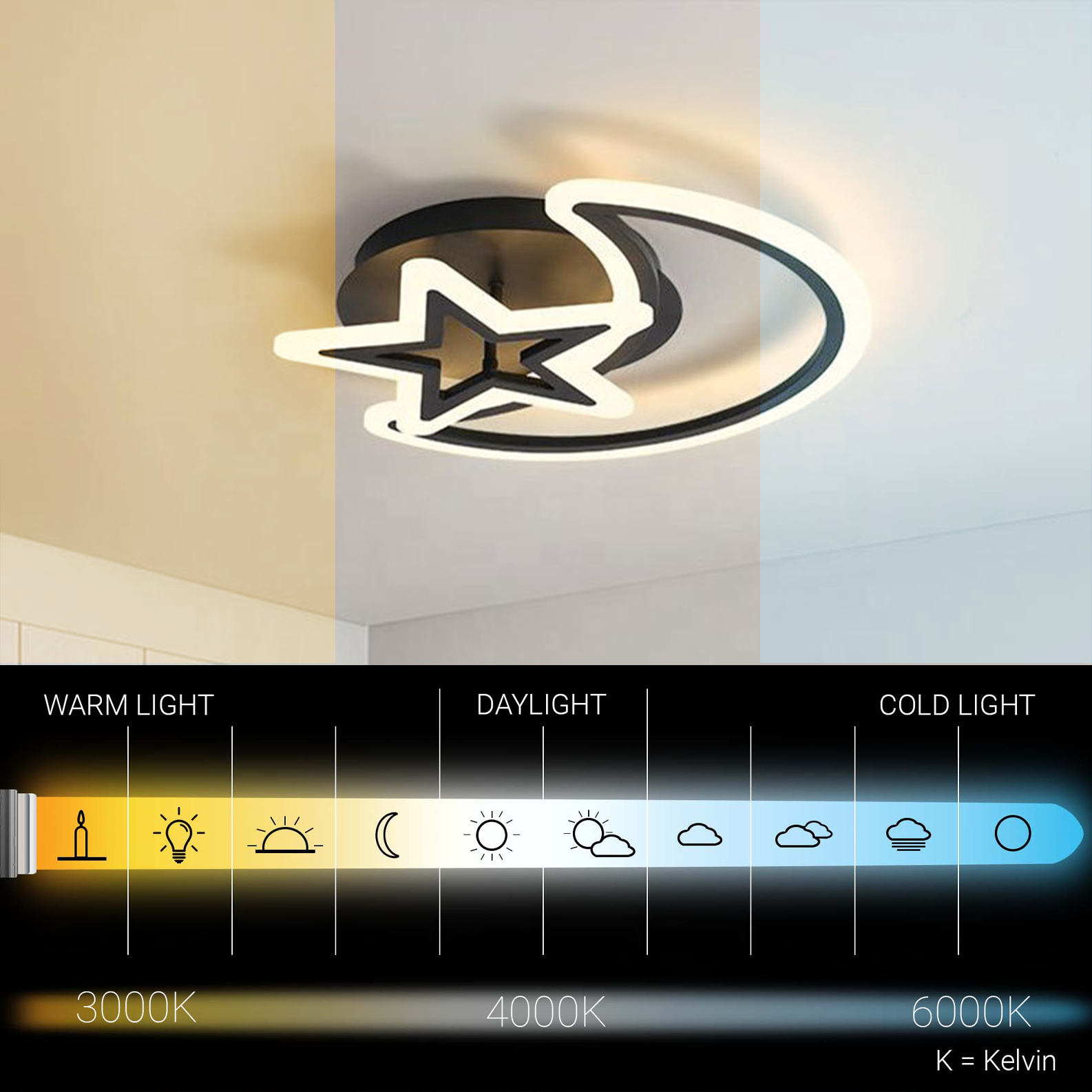 LED-es csillár távirányítóval MOON AND STAR 59W, 2 elem, hideg/meleg/semleges fény, szabályozható, fekete LED-es csillárok távirányítóval Alapértelmezett cím Alessandro Design