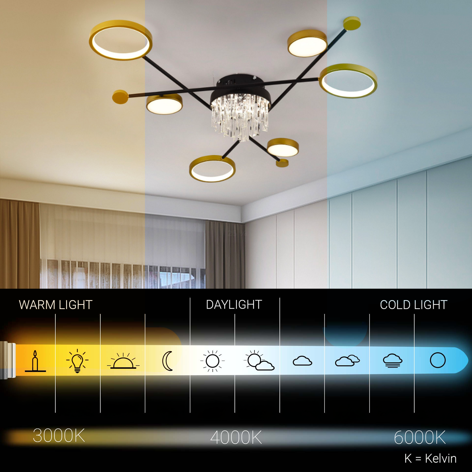 Lustra LED cu telecomanda si cristal GUIDA 38W, 6 Elemente, lumina Rece/Calda/Neutra, Dimabila, Negru Auriu Lustre LED cu Telecomanda Default Title Alessandro Design