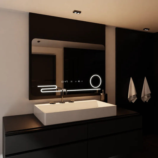 Négyszögletű LED-es tükör, 100x60 cm, Harmonie MotionGlow Marcello, páramentesítő rendszer, óra és hőmérő, kozmetikai nagyító, szabályozható Marcello tükrök alapértelmezett cím Alessandro Design