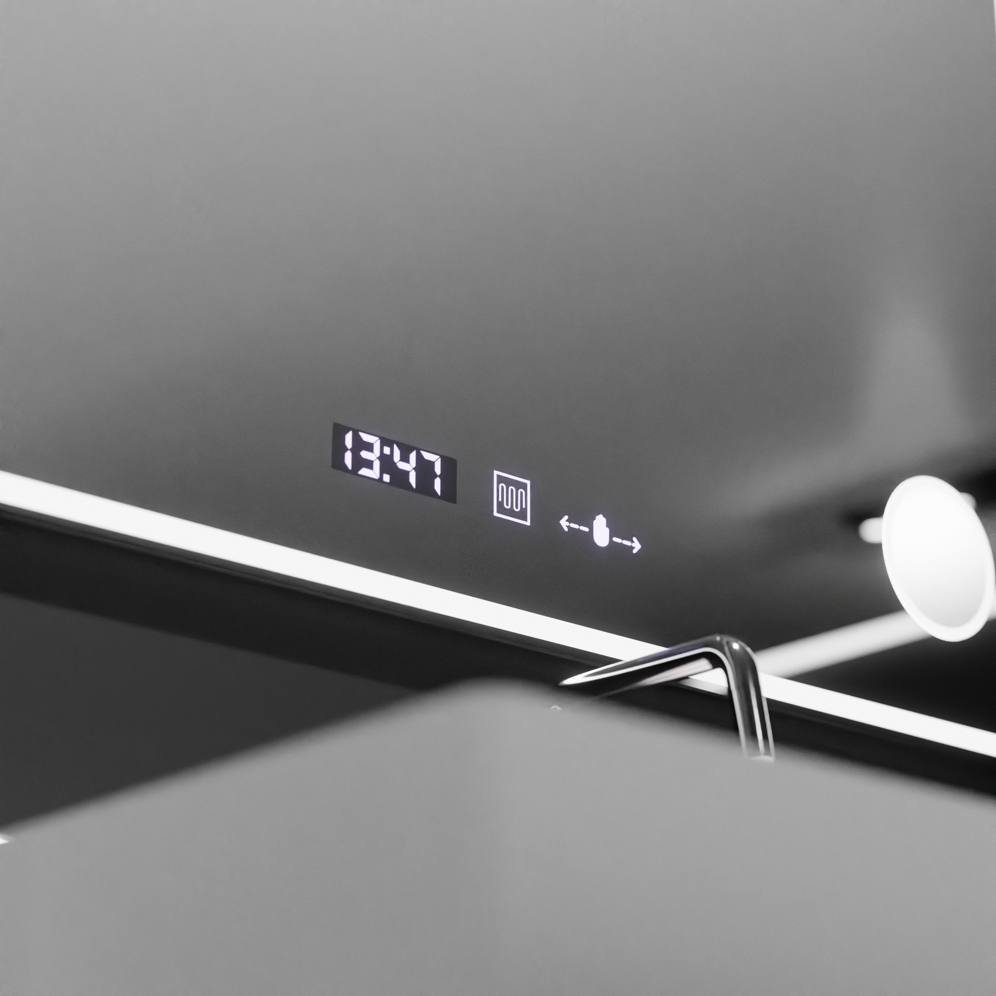 Négyszögletű LED-es tükör 120x80 Aura Riflesso Puro MotionGlow Marcello, Páramentesítő rendszer, Hőmérő és Óra, Mérhető tükrök Marcello Alapértelmezett cím Alessandro Design