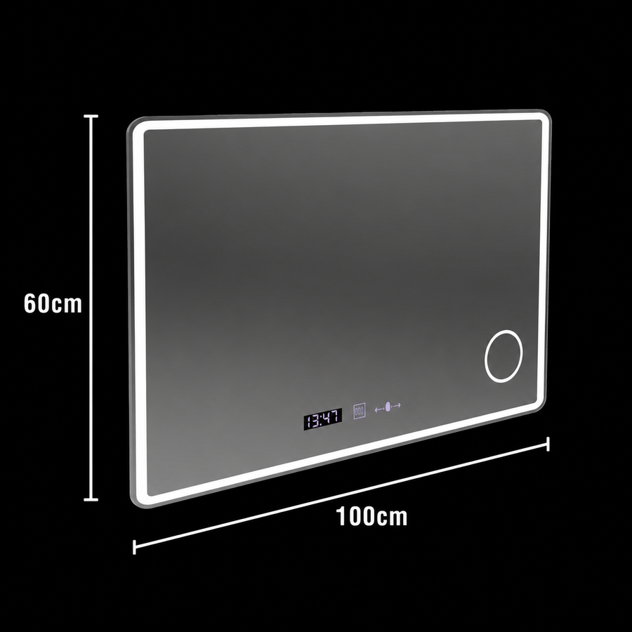 Mirror LED téglalap alakú 120x80 aura riflesso puro mozgásglow marcello, leolvasztási rendszer, hőmérő és óra, dimálható