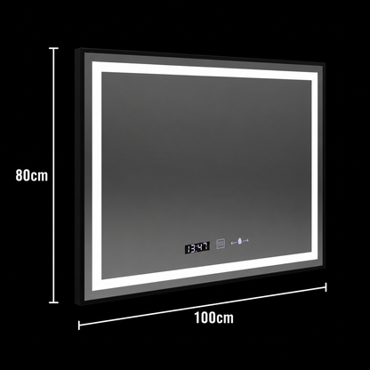 Négyszögletű LED tükör, 100x80cm, Verite Majeste Noir MotionGlow Marcello, Páramentesítő rendszer, Óra, Tompítható
