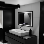 Négyszögletű LED tükör, 100x80 cm, Verite Majeste Noir MotionGlow Marcello, páramentesítő rendszer, óra és hőmérő, szabályozható tükrök Marcello alapértelmezett cím Alessandro Design