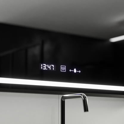 Négyszögletű LED tükör, 100x80 cm, Verite Majeste Noir MotionGlow Marcello, páramentesítő rendszer, óra és hőmérő, szabályozható tükrök Marcello alapértelmezett cím Alessandro Design
